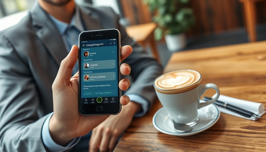 Business professional using Babbel language learning app over coffee.