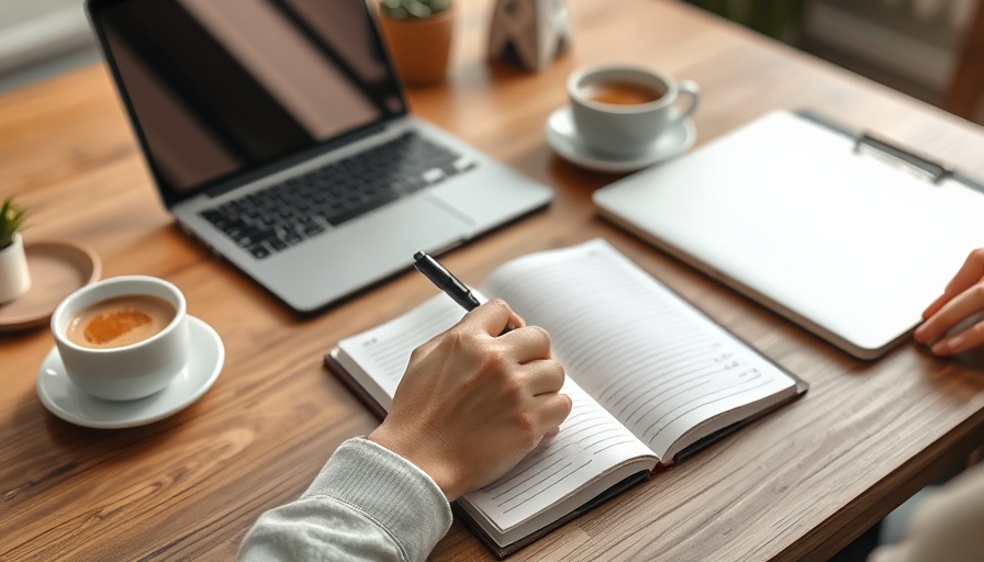 Modern workspace for lifetime learning with notebook and coffee.