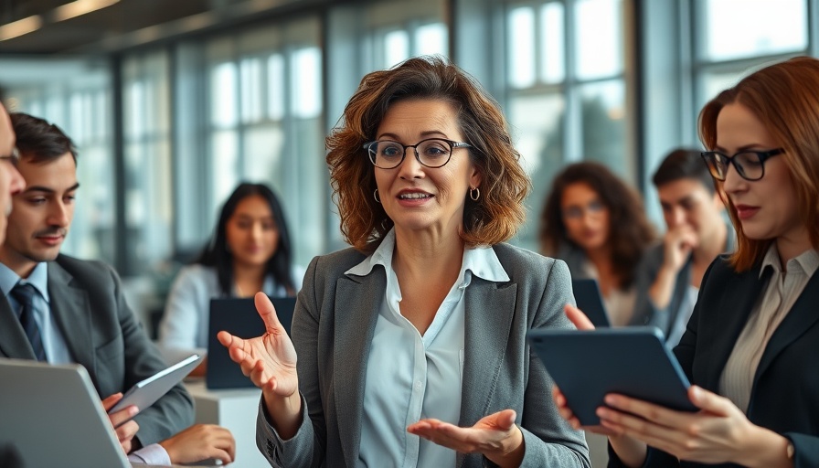 Confident businesswoman leading strategy discussion in modern office.