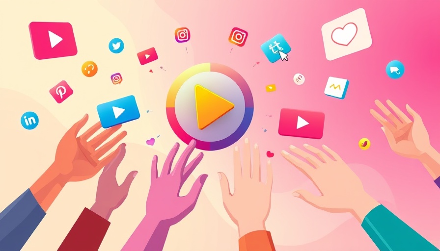 Colorful illustration of hands with digital media icons, abstract background.
