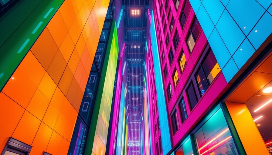 Vibrant office buildings in neon colors, healthy buildings make employees happier.