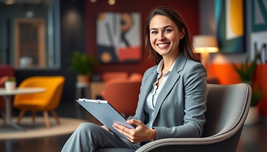 Smiling woman sitting in a modern office setting holding a clipboard.