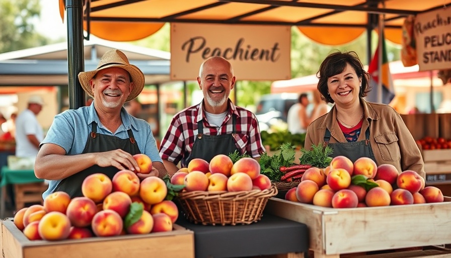 Cheerful peach stand showcasing fresh produce as a profitable side hustle.