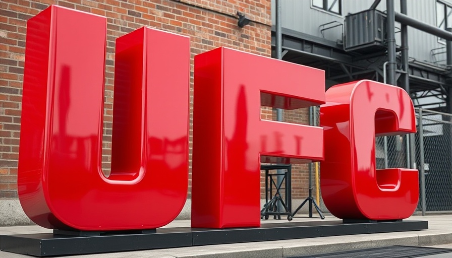 Large red UFC letters in urban setting symbolizing Meta UFC AI VR Partnership.