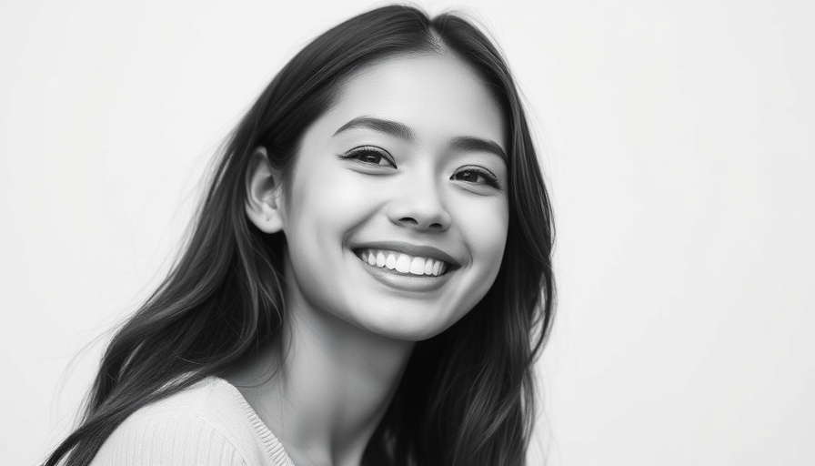 Monochrome portrait of young woman smiling.