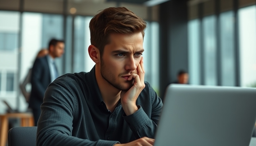 Stressed employee working on laptop in a modern office.