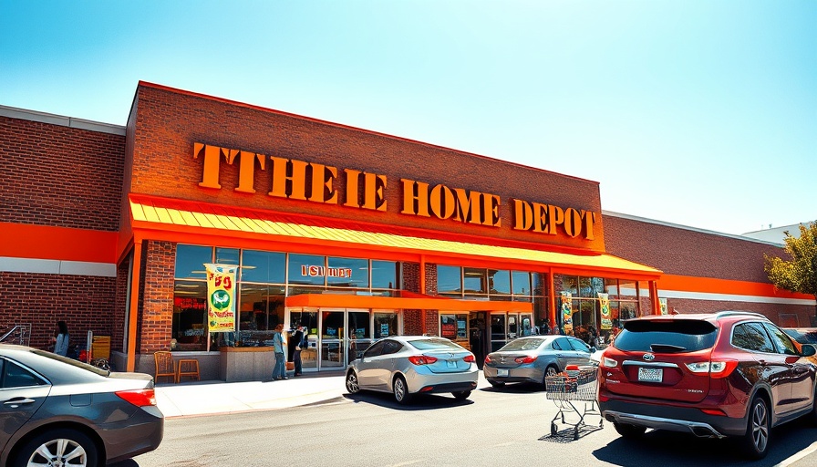 Home Depot storefront with cars and customers on a sunny day.