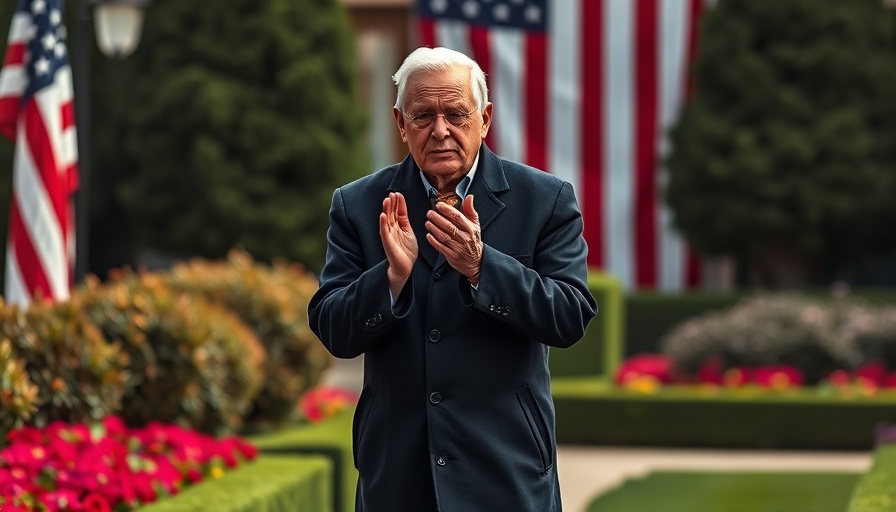 Man walking through garden with American flags behind, vibrant setting.
