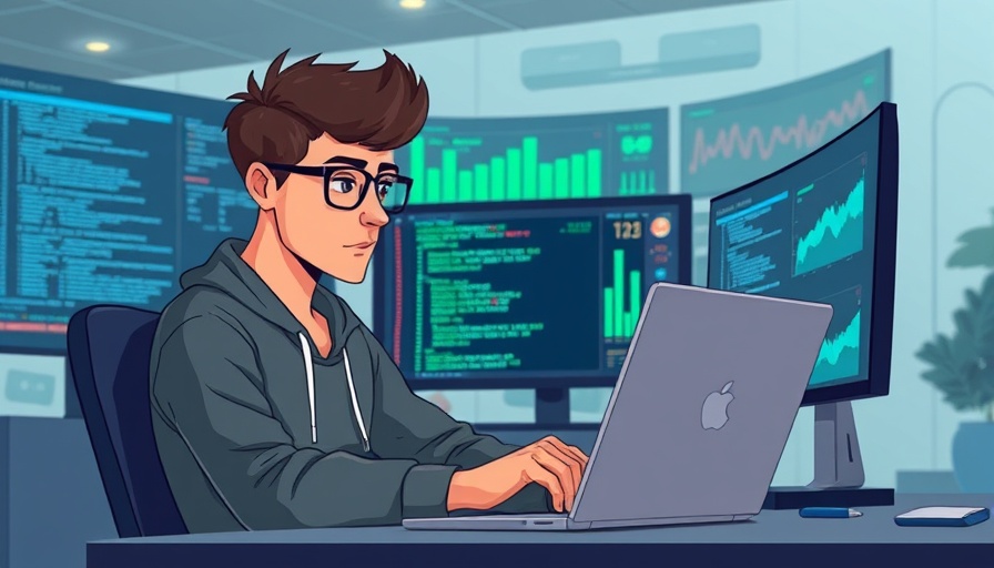 Illustration of software engineer coding with charts, cartoon style