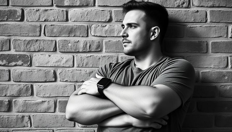 Contemplative man in black and white against brick wall.