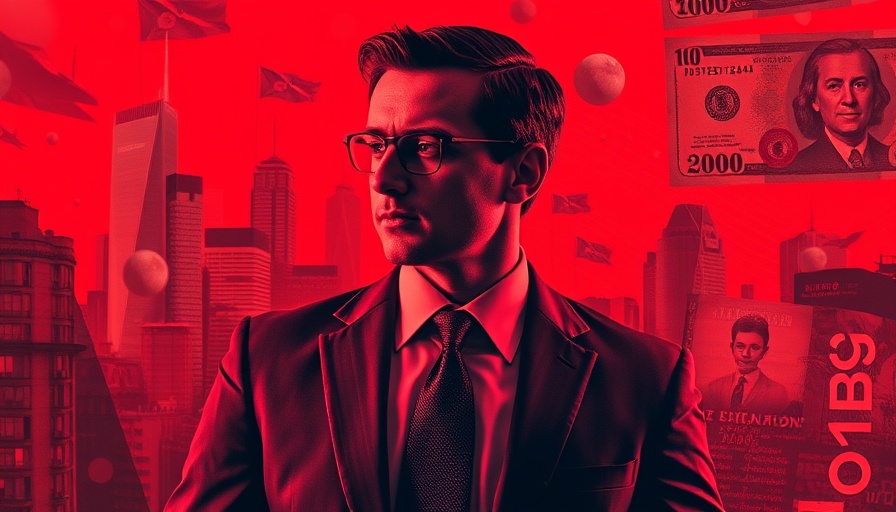 Surreal red-toned portrait blending cityscape and currency elements.