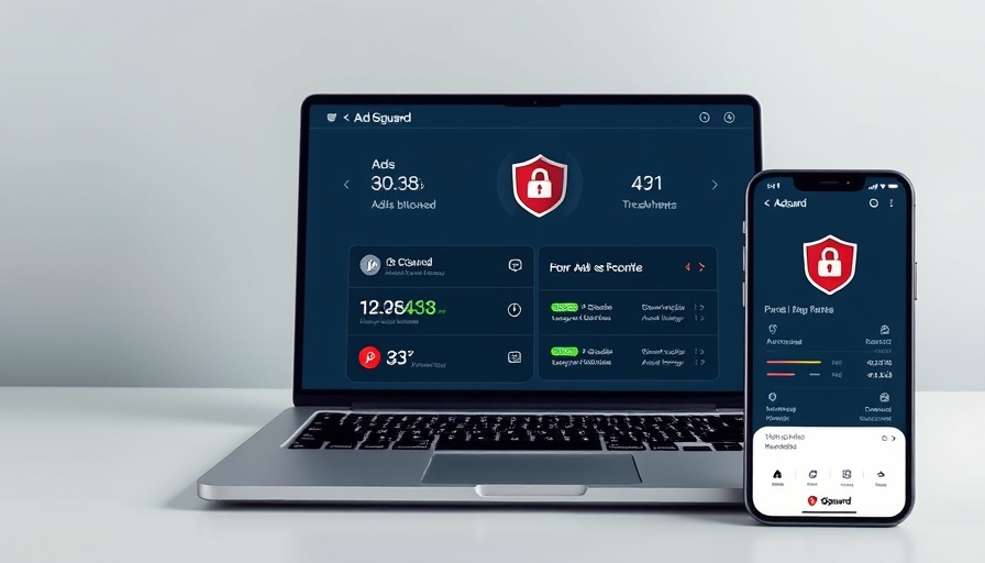 AdGuard app interface on laptop and smartphone showing blocked ads statistics.