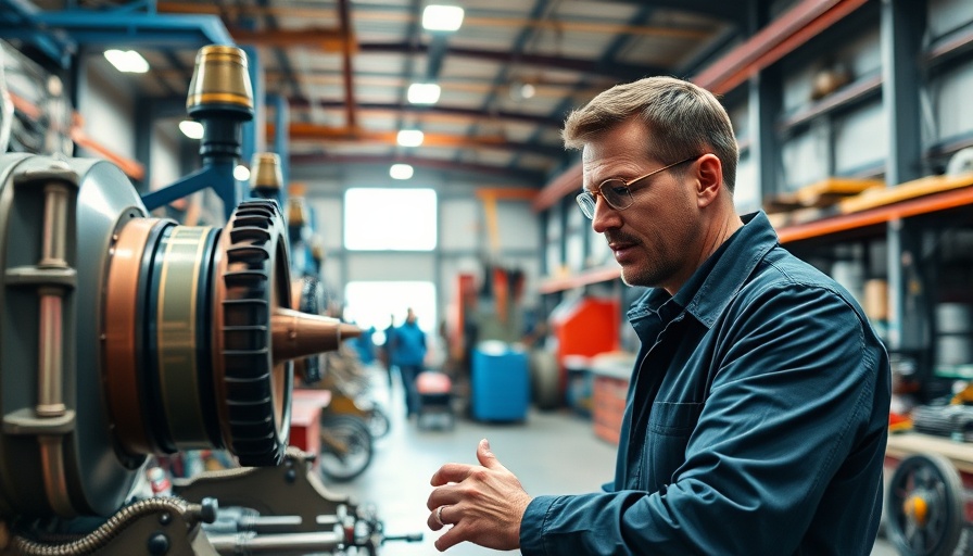 Engineer inspecting amusement ride gear in Disney World Central Shops workshop.