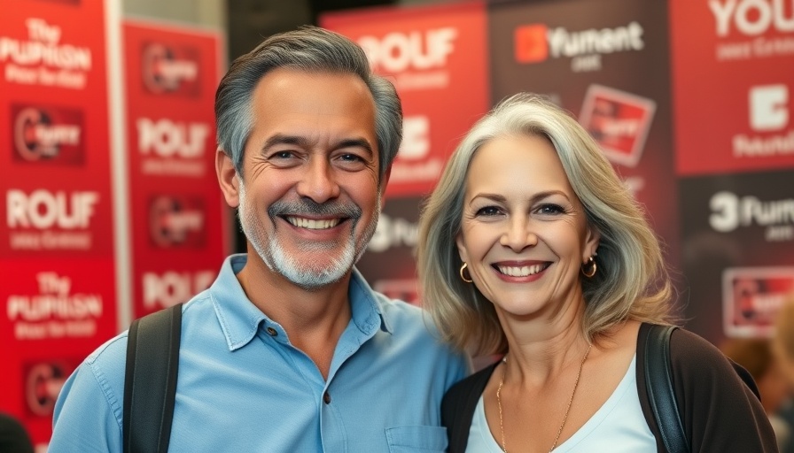 Casual couple smiling at event, red backdrop with logos.