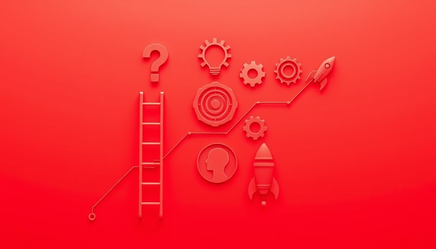 Skills-based hiring concept with ladder and icons on red background.