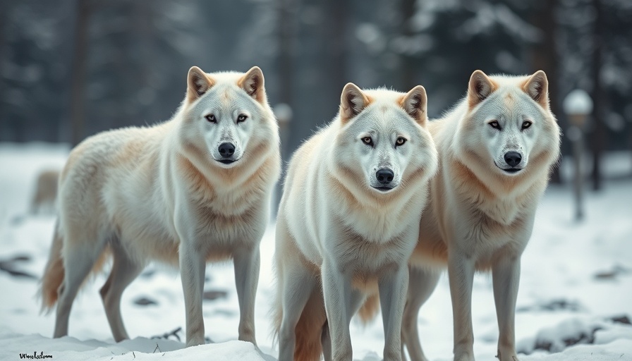 Majestic white wolves in snowy forest, Colossal Biosciences dire wolves.