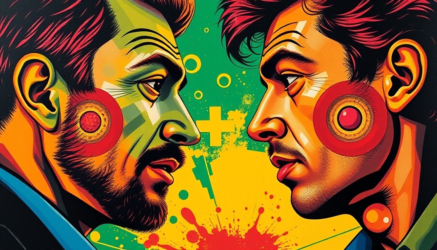Abstract art of two men with green background, Trump Musk relationship tariffs.