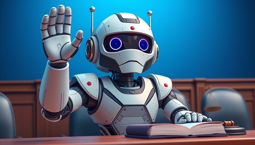 AI avatar in court setting, raising hand, with gavel and book.