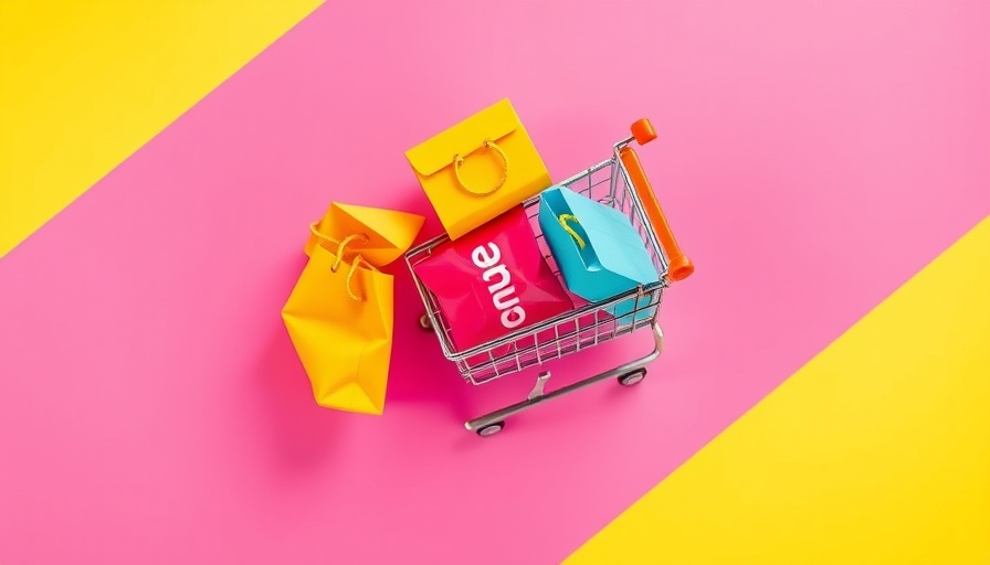 Vibrant miniature shopping scene with bags and cart on pink yellow background.