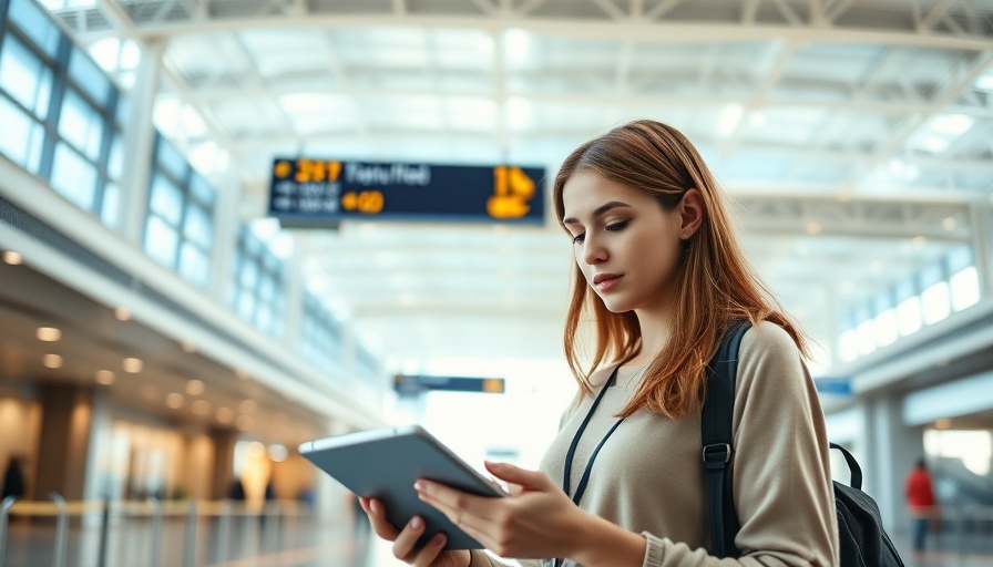 Young woman working in airport terminal; save money on business travel.