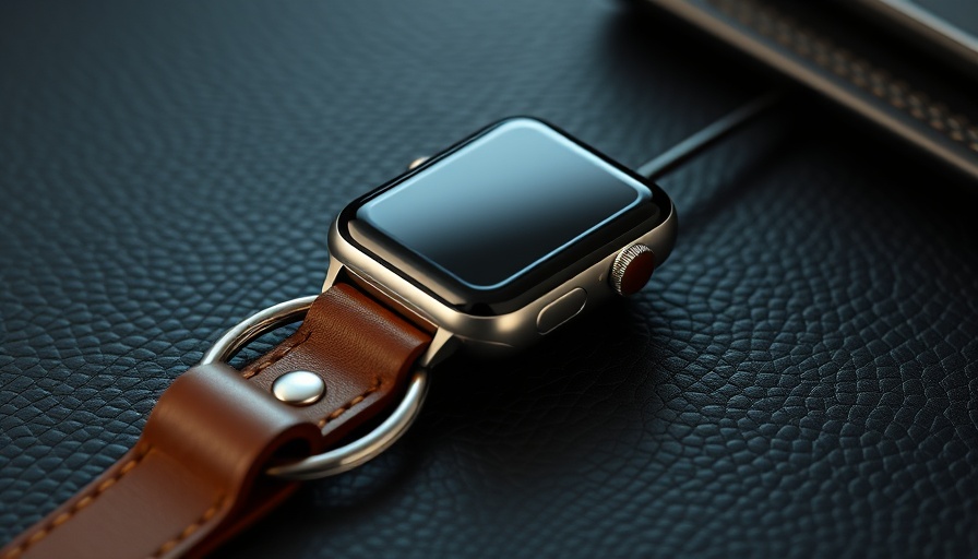 Apple Watch keychain charger on leather surface.