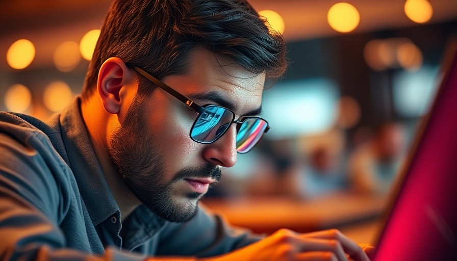 Focused man using computer, visual search impact on business concept.