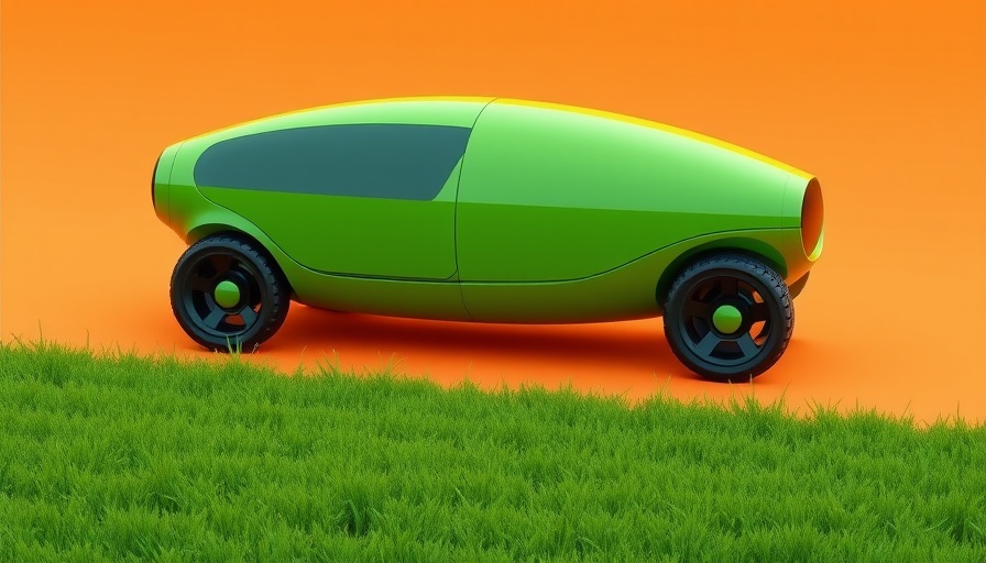 Futuristic green vehicle concept for PFAS removal technology, on orange surface.