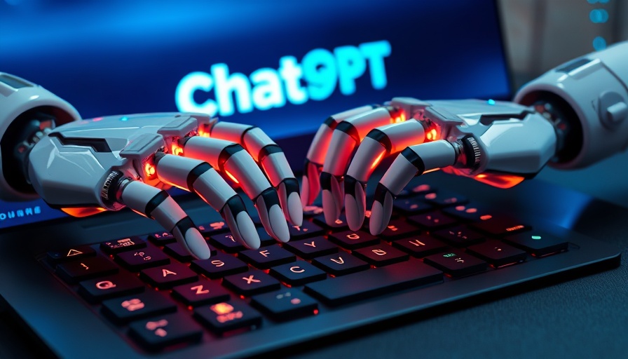 Robotic hands typing under ChatGPT logo, futuristic coding.