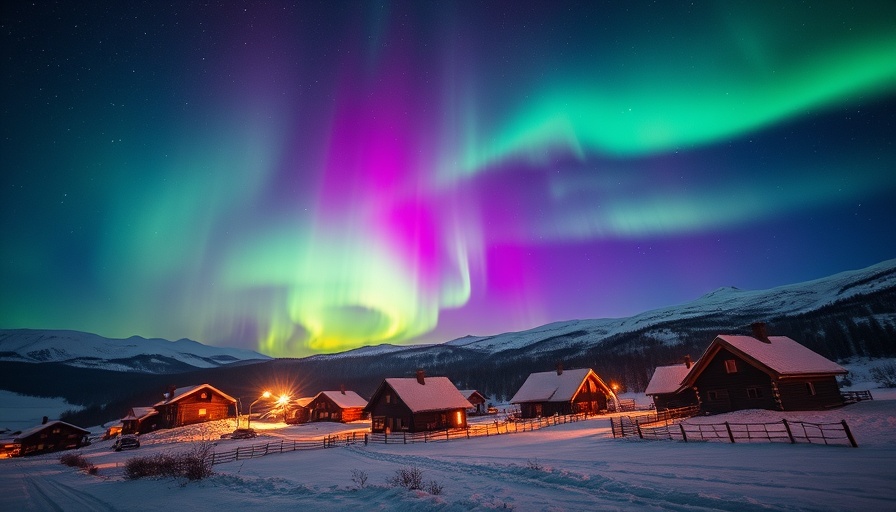 Aurora Borealis forecast over illuminated snowy village.