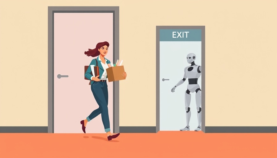 Cartoon woman exits job replaced by robot, AI replacing jobs theme.