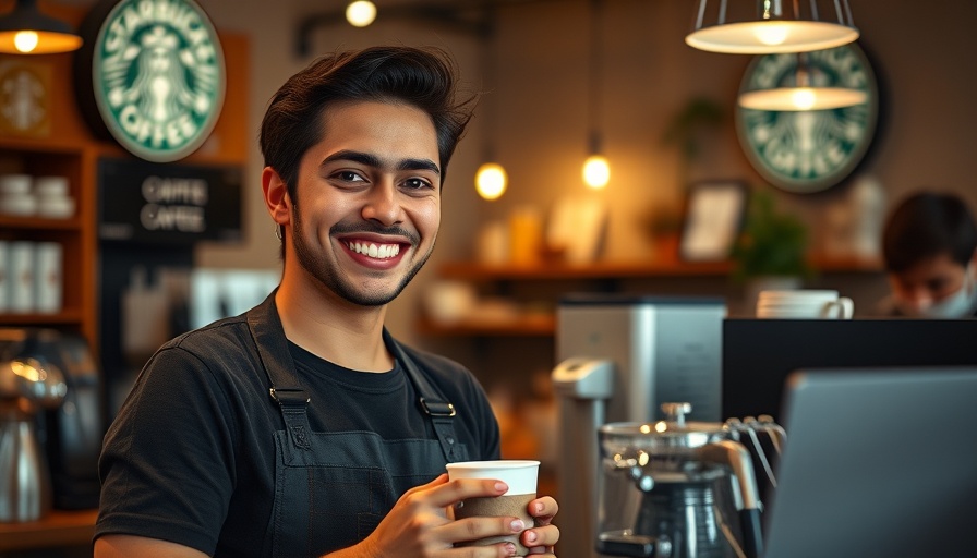 Starbucks barista in new dress code serving coffee.