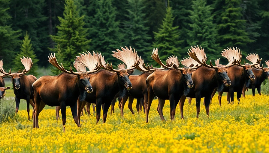 Great Moose Migration: Moose herd grazing in a vibrant wildflower meadow.