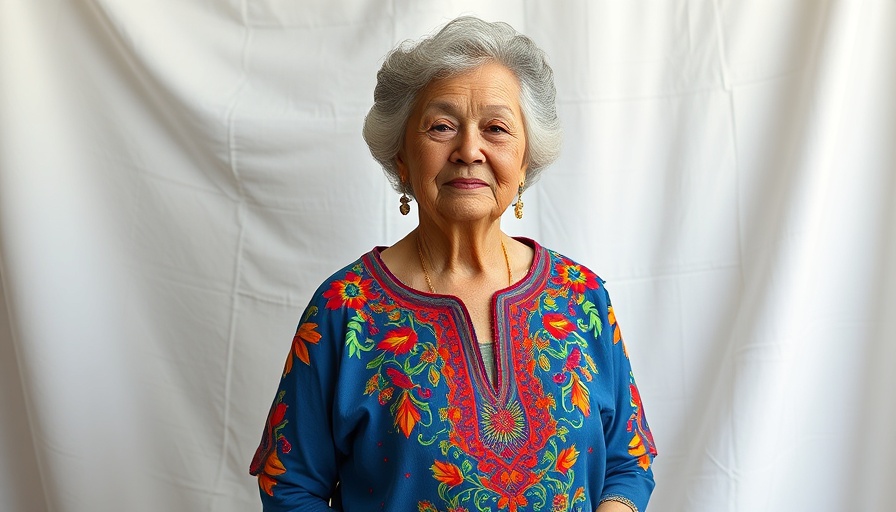 Elderly woman in colorful top posing confidently.