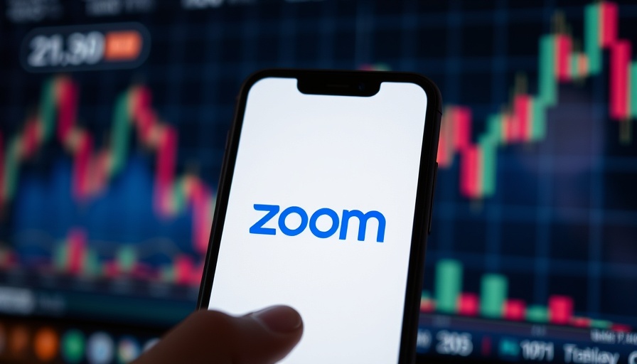 Smartphone with Zoom logo against stock market chart, outage impact.