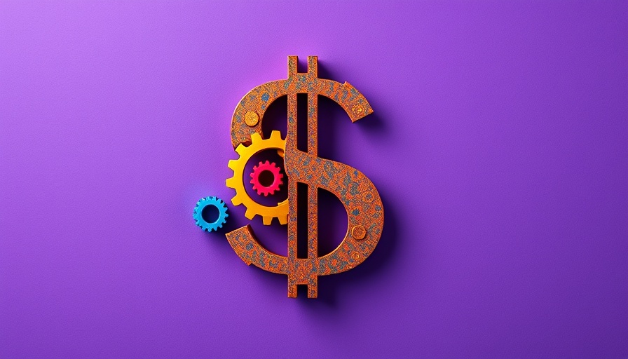 Colorful gears forming a dollar sign on purple backdrop.