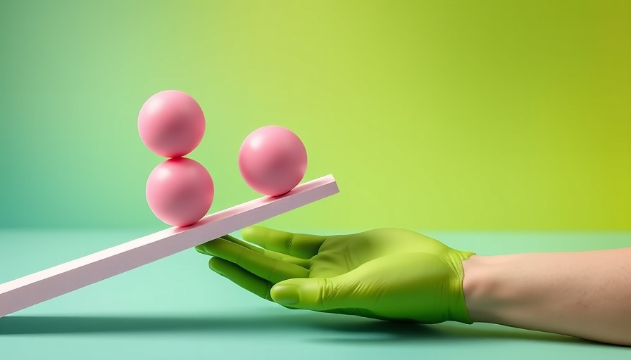 AI balance concept with pink spheres and green hand for small business compliance.