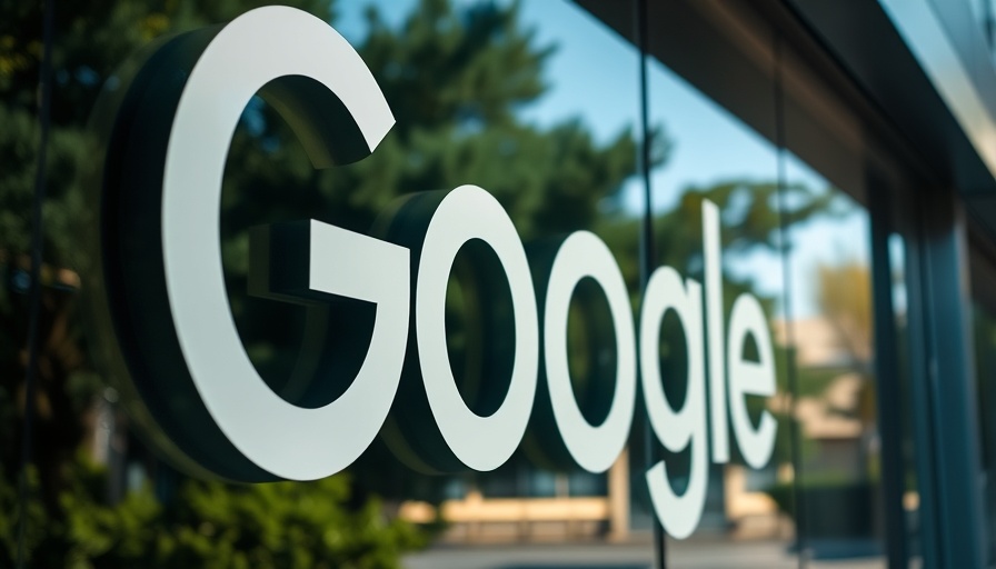 Google logo on building reflecting trees, related to antitrust case.