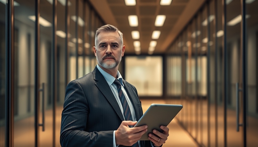 Founder becoming CEO navigating corporate office with tablet.