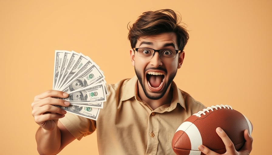 Enthusiastic man with money and football symbolizes NIL impact on NFL draft.