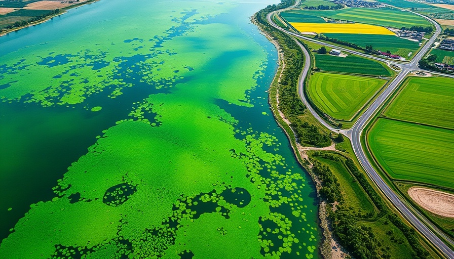 Aerial view of South Florida drinking water supply with green algal bloom.