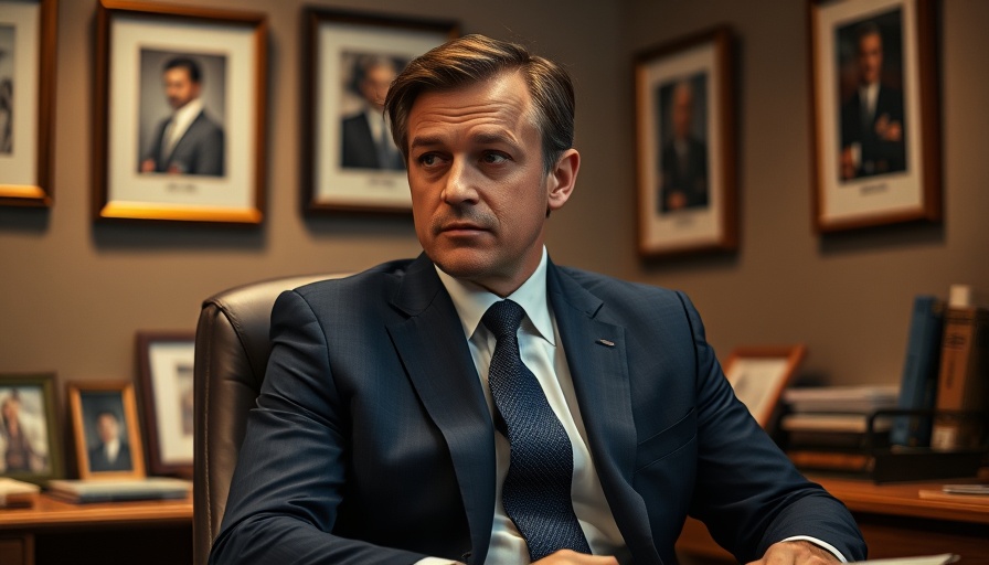 Contemplative man in navy suit, office setting, warm lighting.