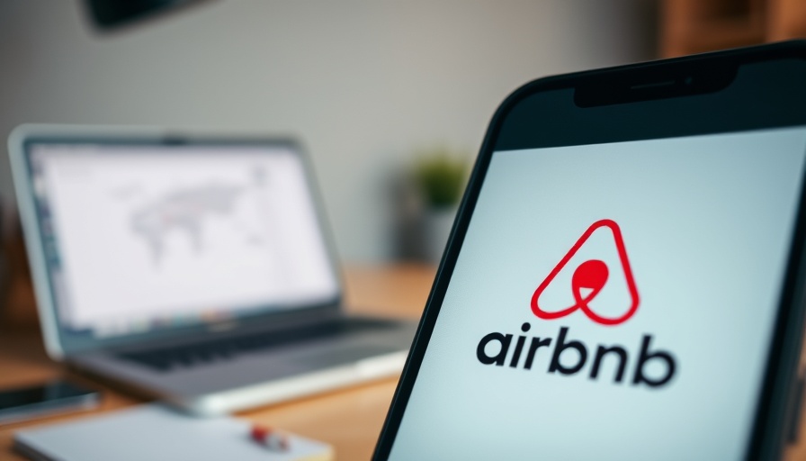 Smartphone displaying Airbnb logo in office setting.
