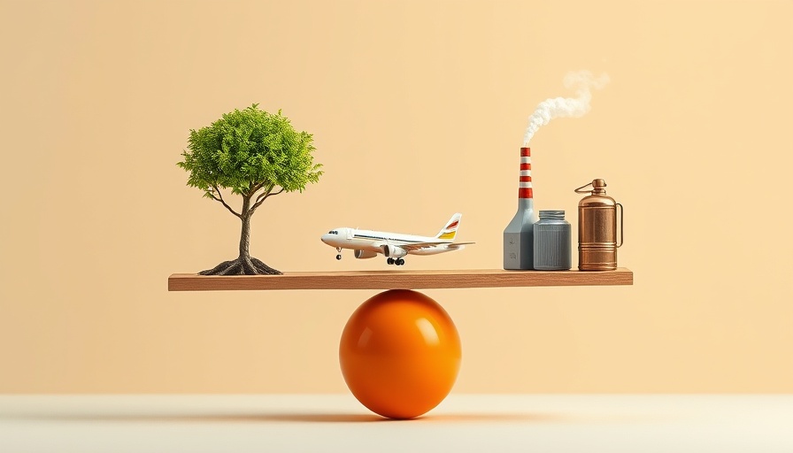 Minimalist concept of digital waste impact balancing nature and industry.