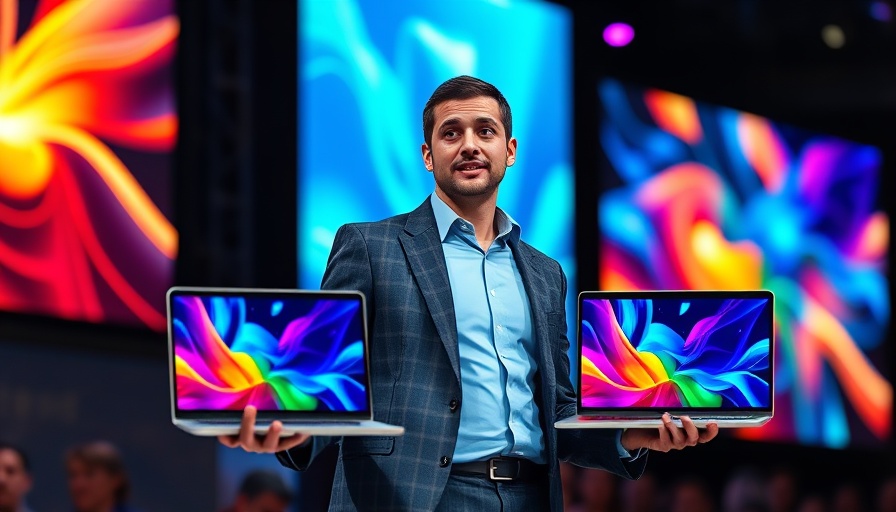 AI-generated advertising: Man showcasing laptops with vibrant screens.