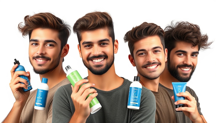 Confident young men showcasing Highland haircare brand products.