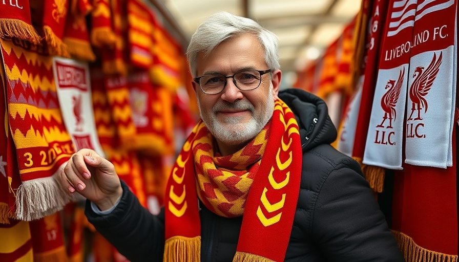 Liverpool FC merchandise display with scarves being photographed.