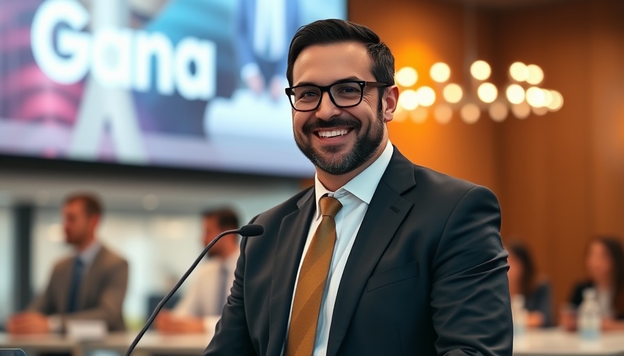 Smiling businessman at press conference with corporate branding.