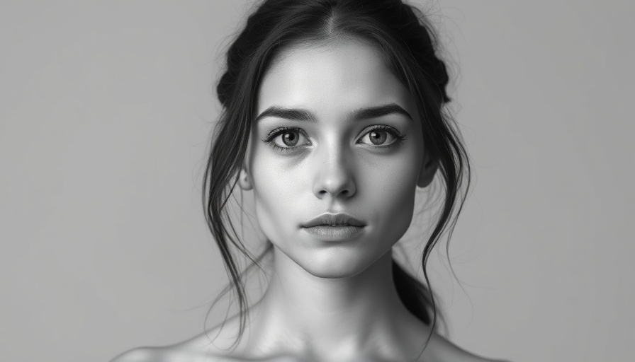 Monochrome portrait of a young woman with neutral expression.