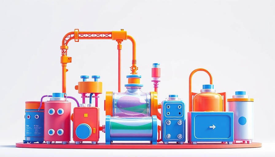 Colorful abstract illustration of domestic battery manufacturing setup.