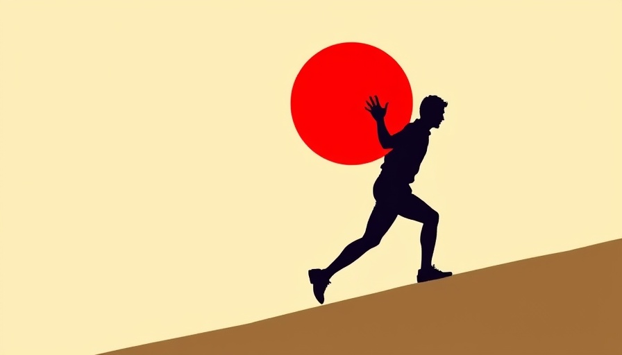 Silhouette pushing red sphere uphill embodying resilience in leadership